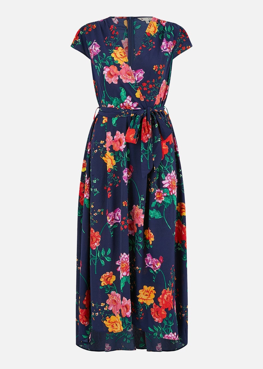 Yumi Navy Flower  Print Wrap Midi Dress
