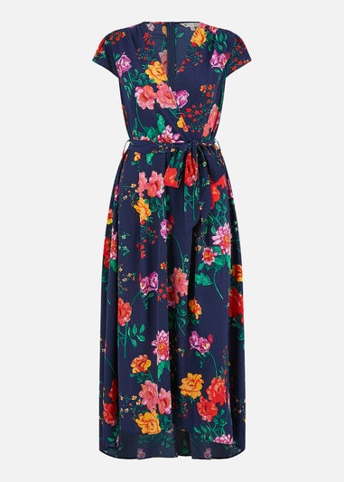 Yumi Navy Flower Print Wrap Midi Dress