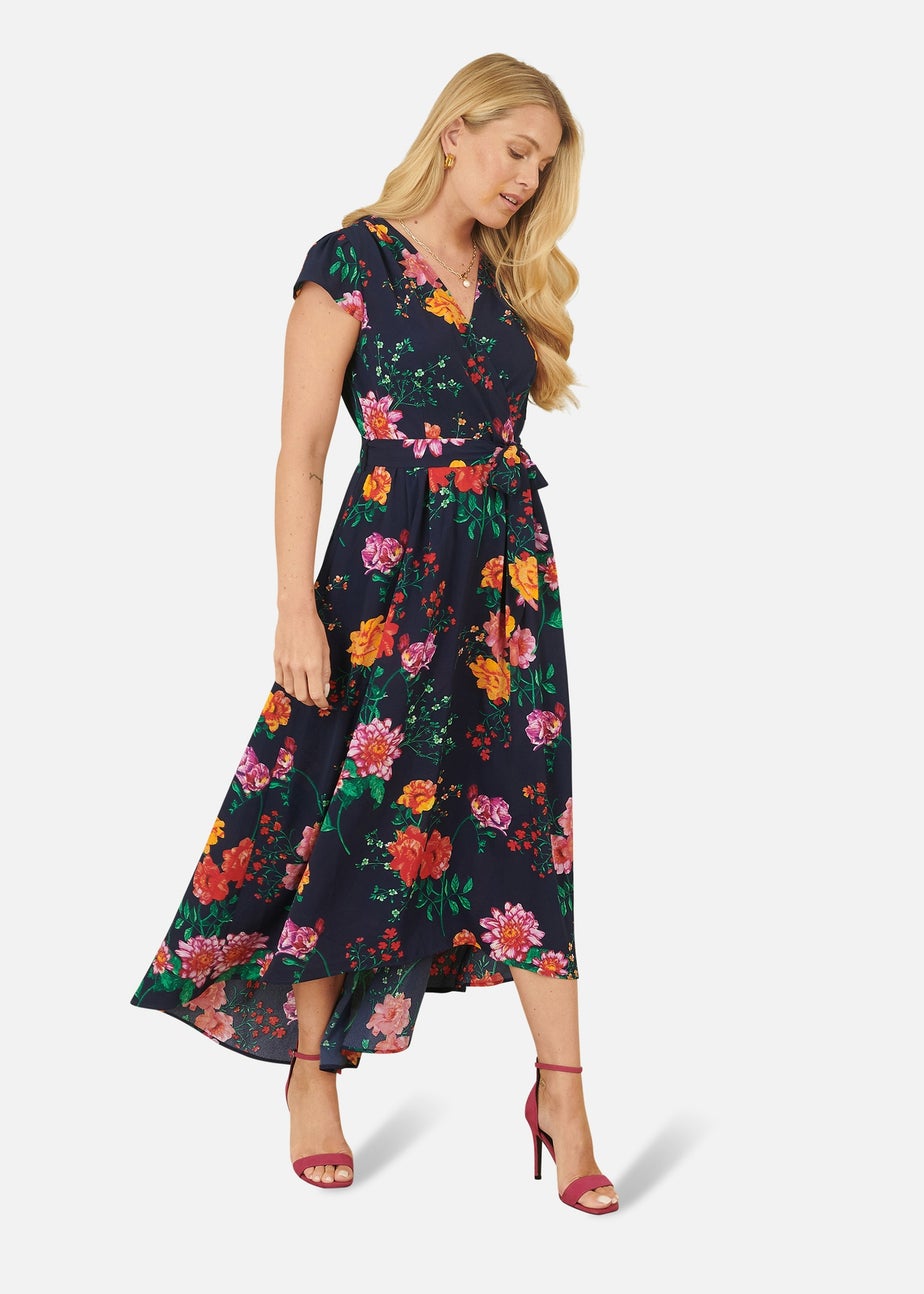 Yumi Navy Flower  Print Wrap Midi Dress