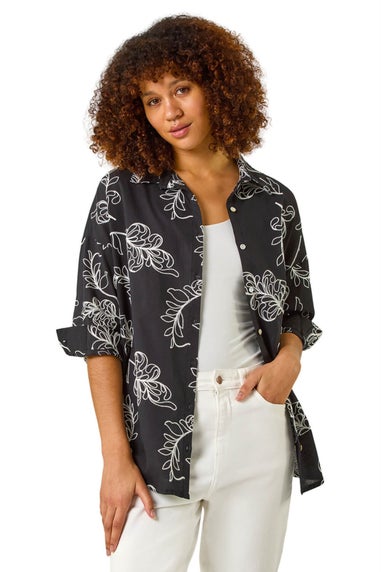 Roman Black Embroidered Floral Cotton Shirt
