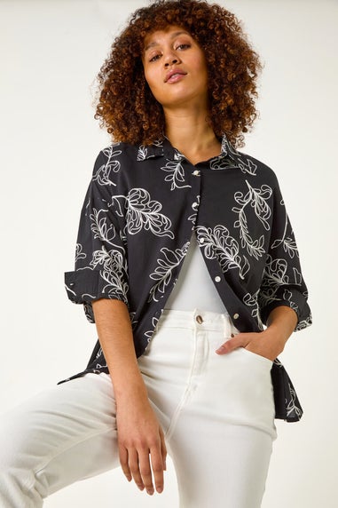 Roman Black Embroidered Floral Cotton Shirt