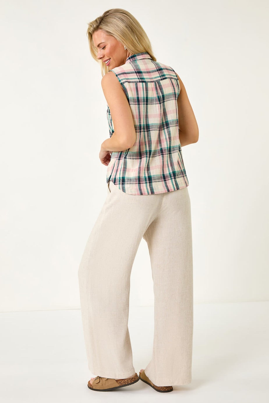 Roman Pink Petite Check Print Button Blouse