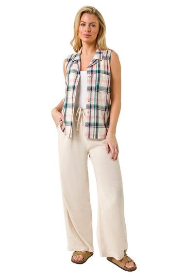 Roman Pink Petite Check Print Button Blouse