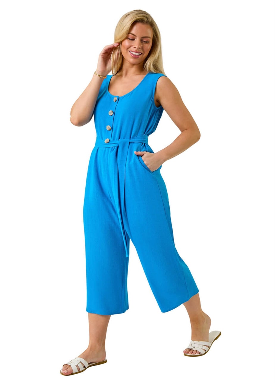 Roman Blue Petite Button Front Jumpsuit