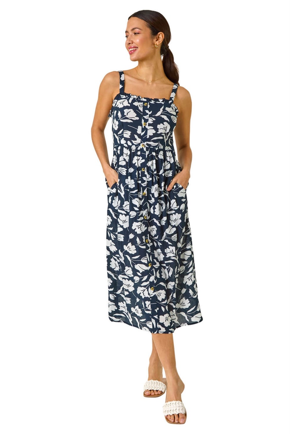 Roman Navy Floral Print Midi Sundress