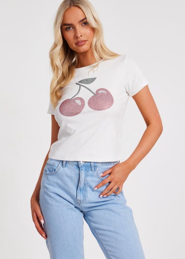 Quiz White Diamante Cherry Top