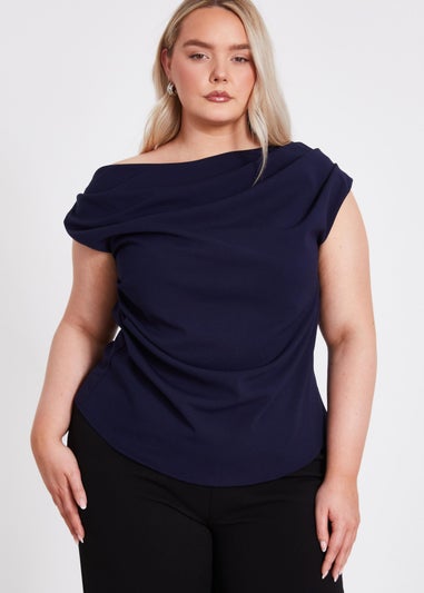 Quiz Navy Curve Drape Neck Top