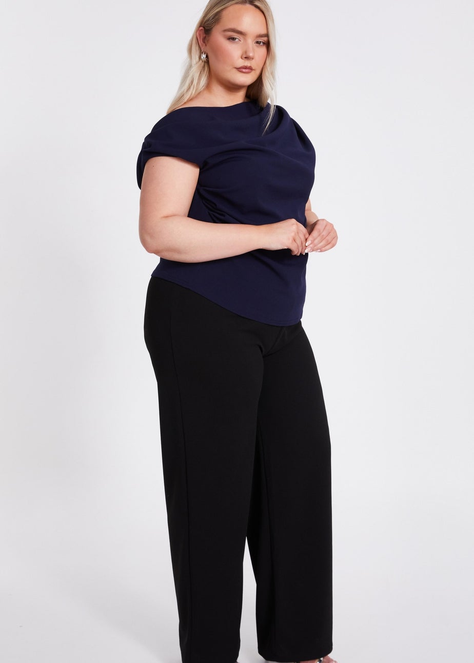 Quiz Navy Curve Drape Neck Top
