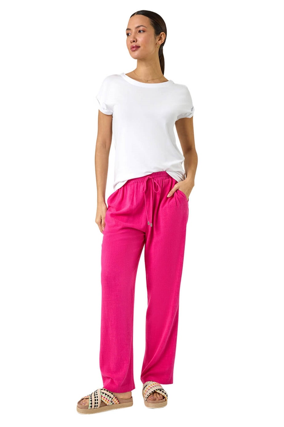 Roman Pink Full Length Linen Blend Trousers