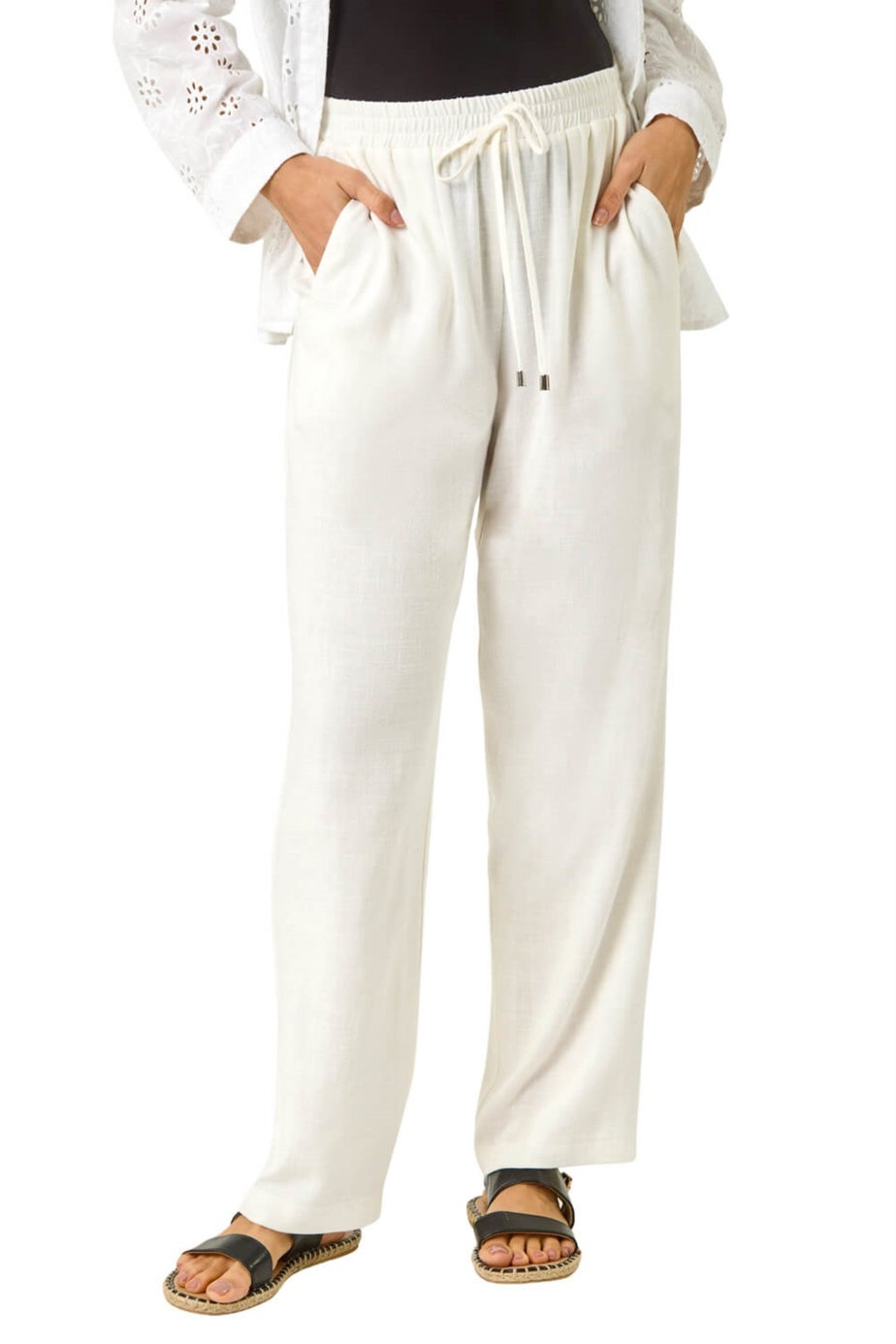 Roman White Full Length Linen Blend Trousers