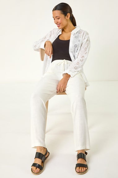 Roman White Full Length Linen Blend Trousers
