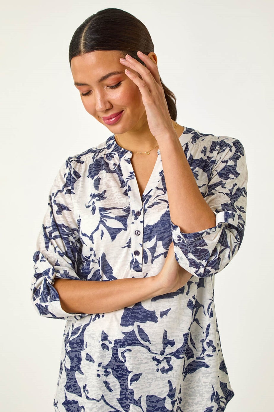 Roman Navy Floral Print Burnout V-Neck Shirt