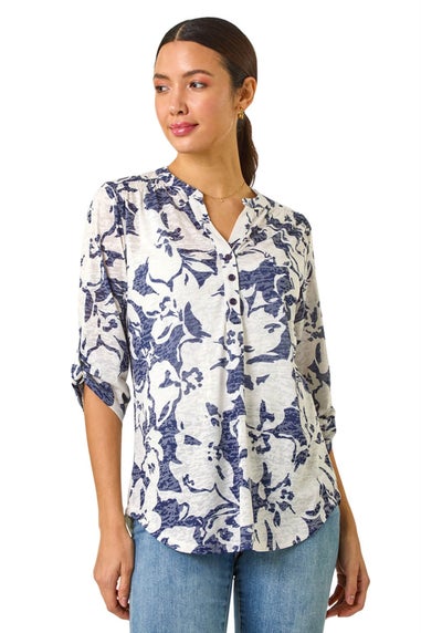 Roman Navy Floral Print Burnout V-Neck Shirt