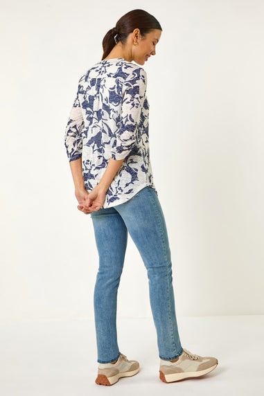 Roman Navy Floral Print Burnout V-Neck Shirt