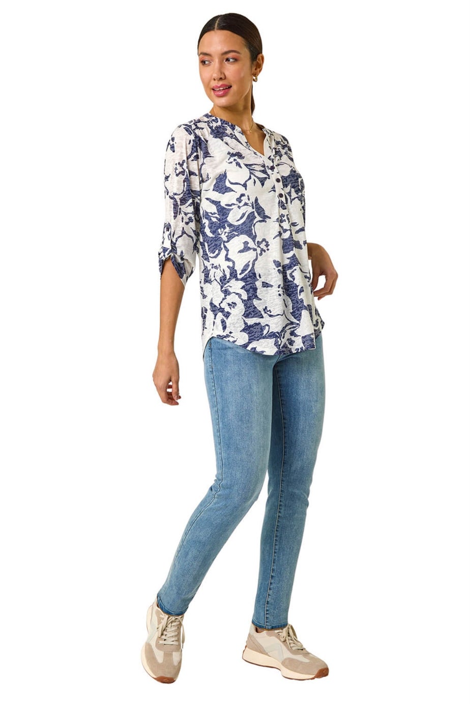 Roman Navy Floral Print Burnout V-Neck Shirt
