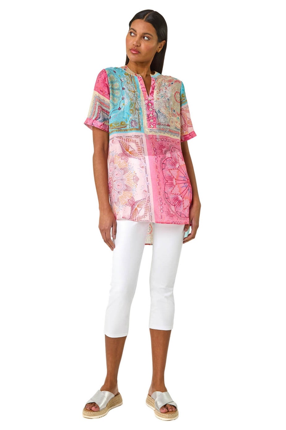 Roman Pink Scarf Print Hotfix Buttoned Top