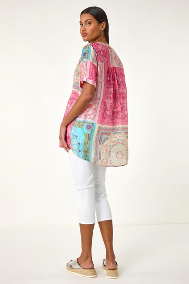 Roman Pink Scarf Print Hotfix Buttoned Top