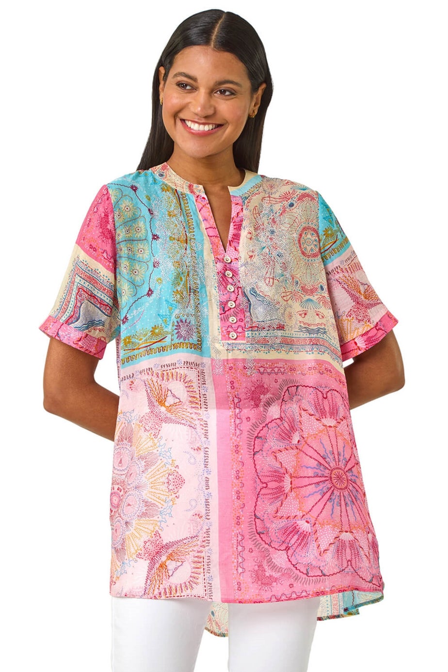 Roman Pink Scarf Print Hotfix Buttoned Top