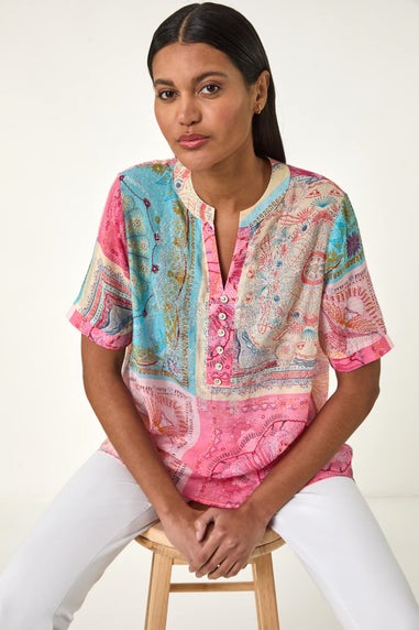Roman Pink Scarf Print Hotfix Buttoned Top