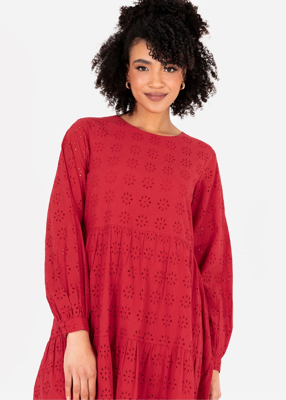 Lovedrobe Red Long Sleeve Broderie Smock Dress