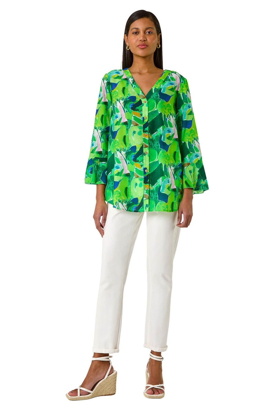 Roman Green Abstract Print Flared Blouse