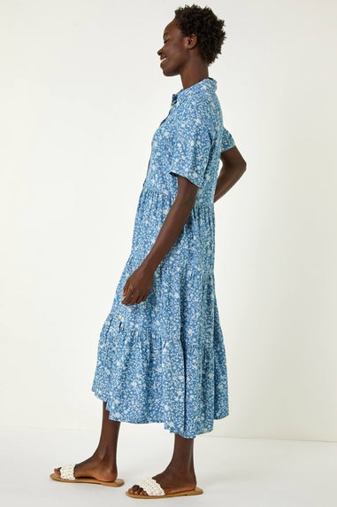 Roman Denim Floral Print Denim Smock Dress