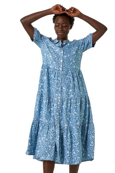 Roman Denim Floral Print Denim Smock Dress