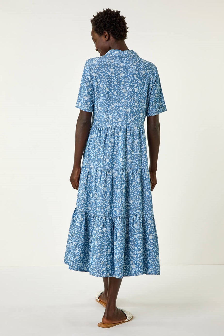 Roman Denim Floral Print Denim Smock Dress