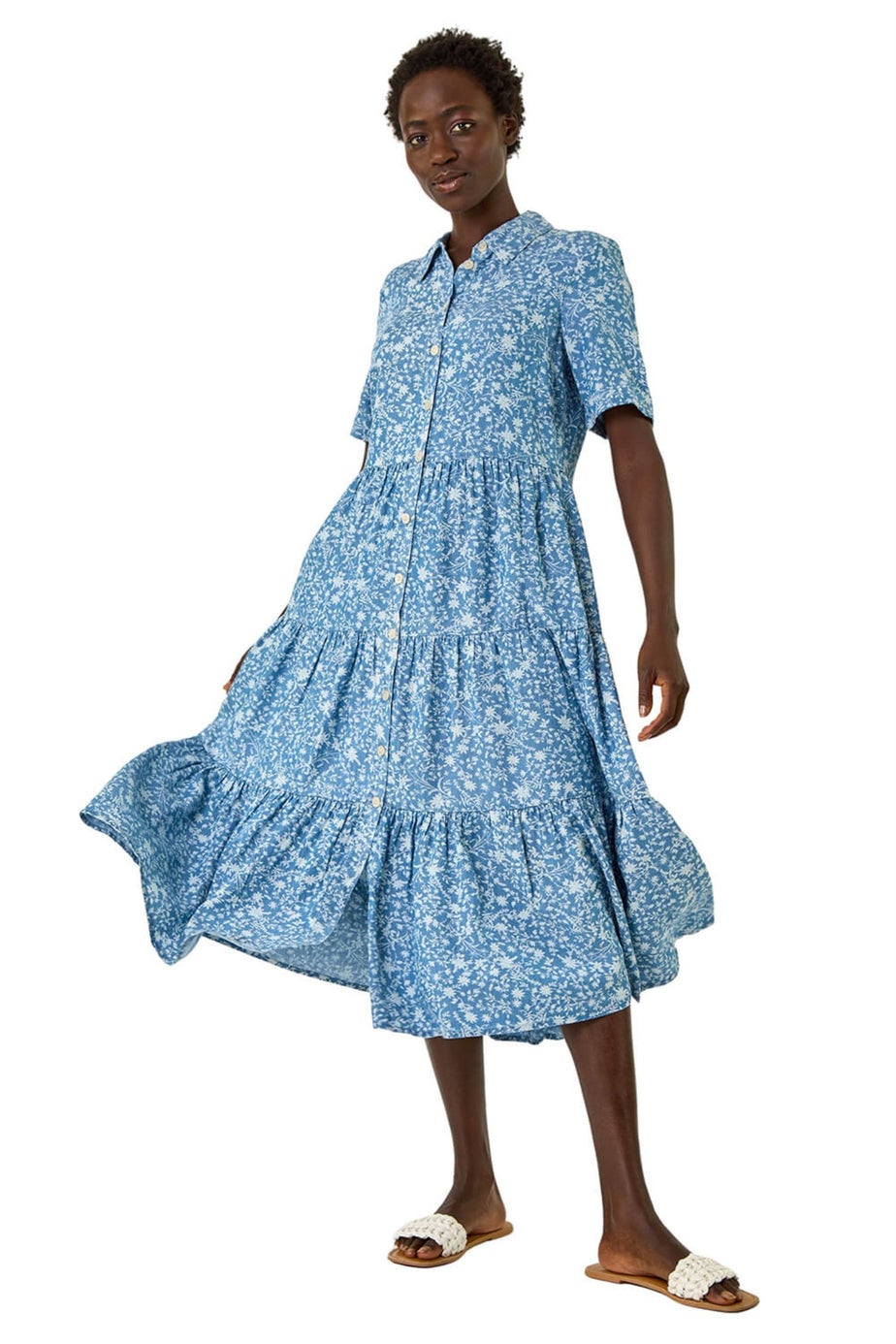 Roman Denim Floral Print Denim Smock Dress