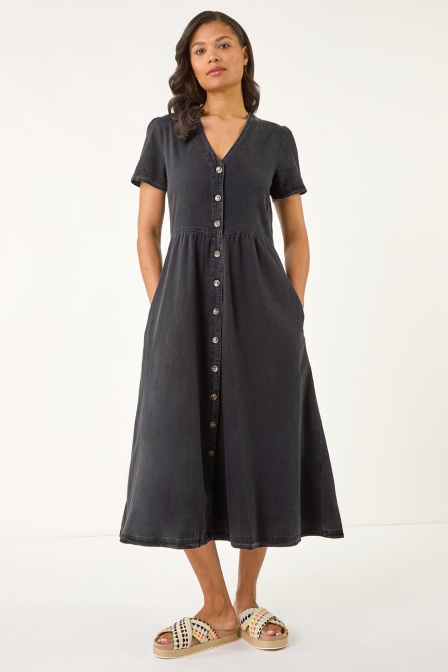 Roman Black Denim Button Through Midi Dress