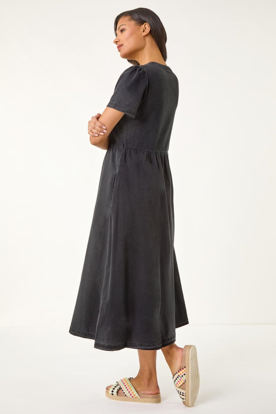 Roman Black Denim Button Through Midi Dress
