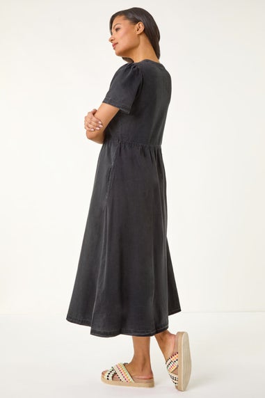 Roman Black Denim Button Through Midi Dress