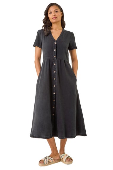 Roman Black Denim Button Through Midi Dress