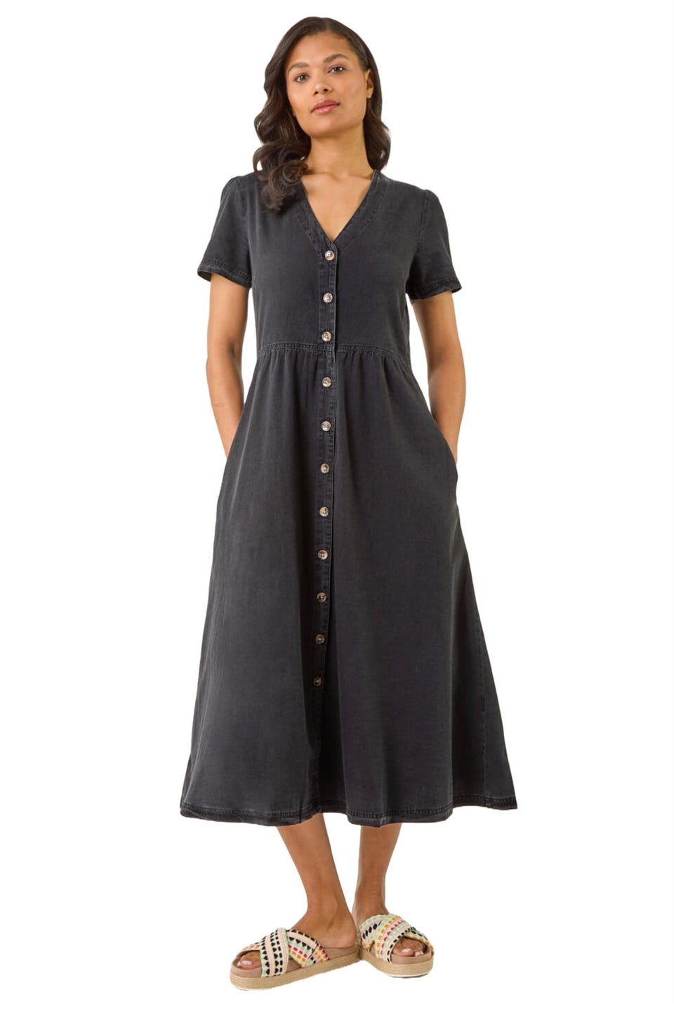 Roman Black Denim Button Through Midi Dress
