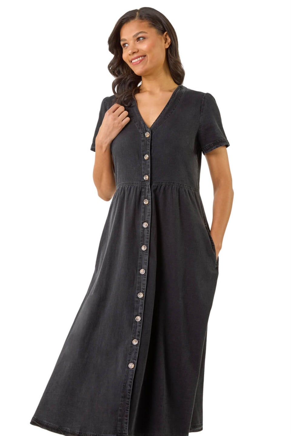 Roman Black Denim Button Through Midi Dress