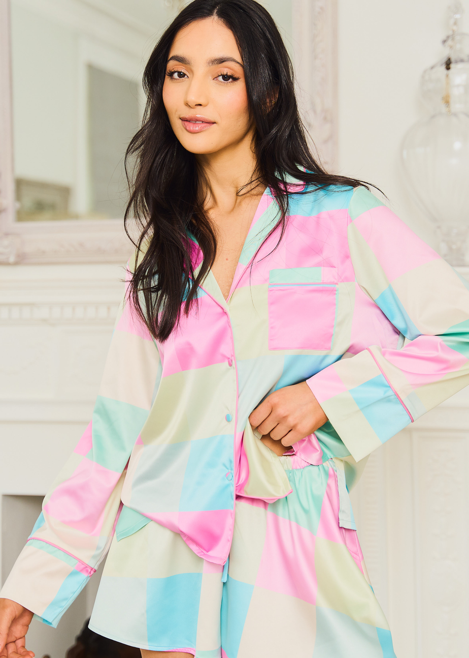 JimJam Multi Satin Revere Short Set with Check Print