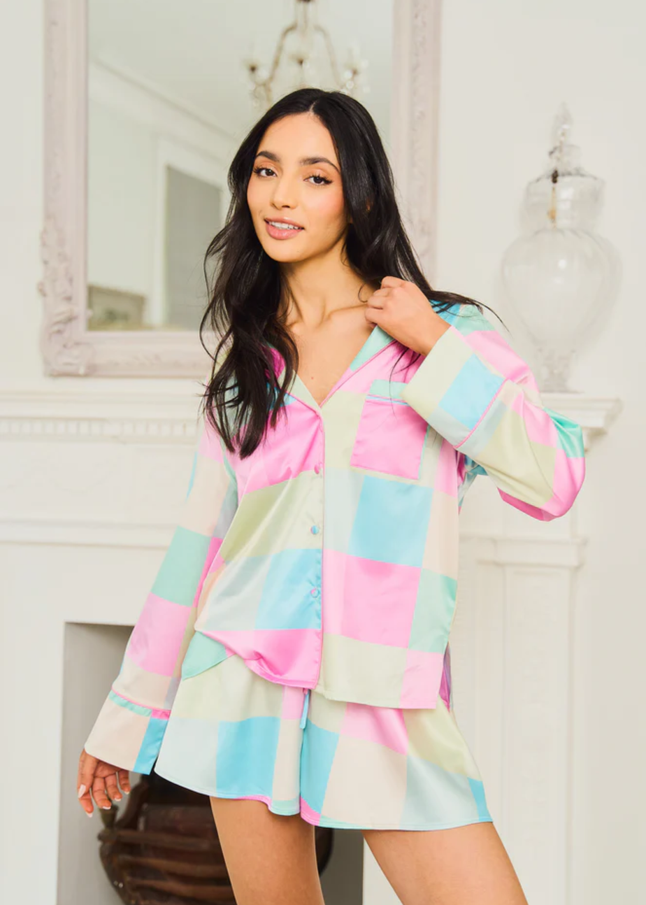 JimJam Multi Satin Revere Short Set with Check Print