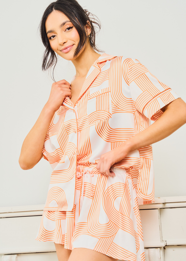 JimJam Orange Satin Revere Short Set with Paintstroke Print