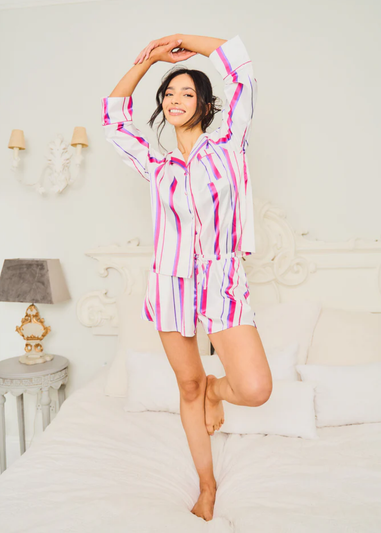 JimJam Multi Satin Revere Short Set with Stripe Print