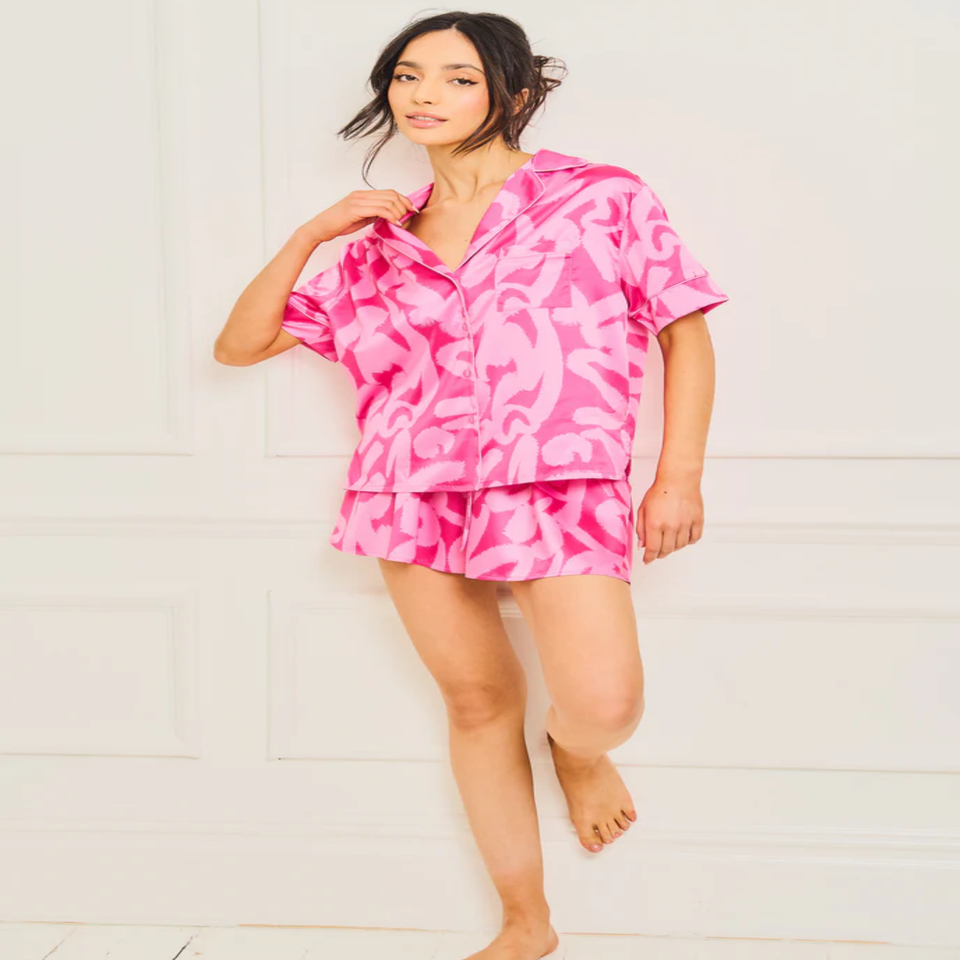 JimJam Pink Satin Revere Short Set With Paintstroke Print