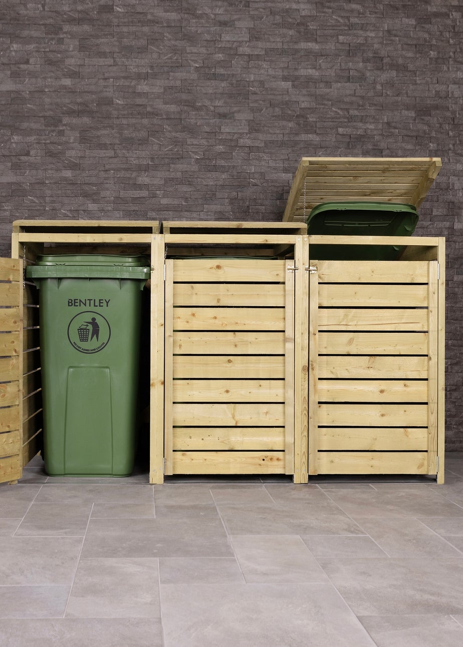 Charles Bentley FSC Triple Wooden Bin Store Wheelie Bin Storage Unit Lifting Lid