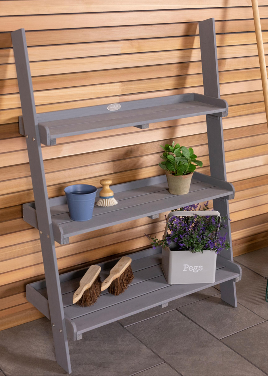Charles Bentley FSC Wide Wooden Ladder Planter Grey 3 Shelves (H110cm x D33cm x W79cm)