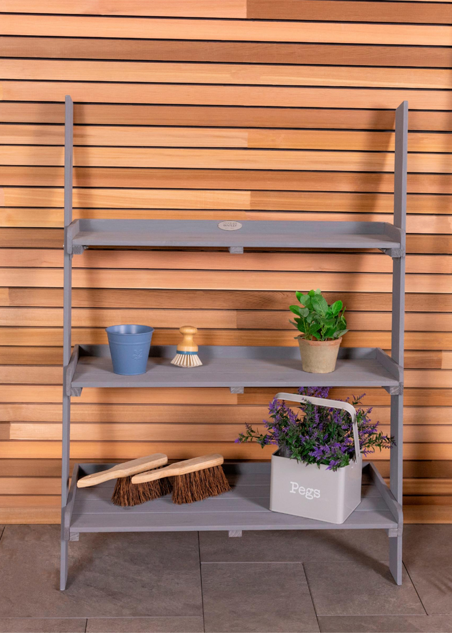 Charles Bentley FSC Wide Wooden Ladder Planter Grey 3 Shelves (H110cm x D33cm x W79cm)