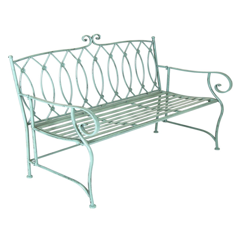 Charles Bentley Decorative Wrought Iron Outdoor Rustic Bench Green