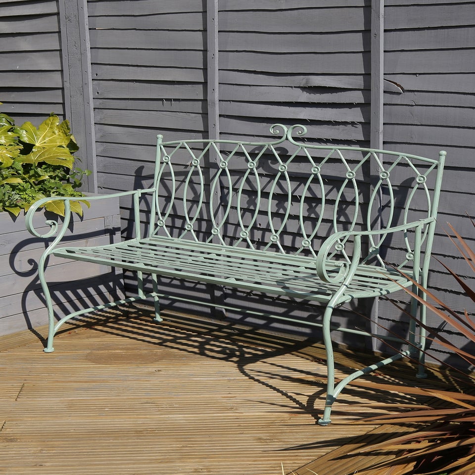 Charles Bentley Decorative Wrought Iron Outdoor Rustic Bench Green