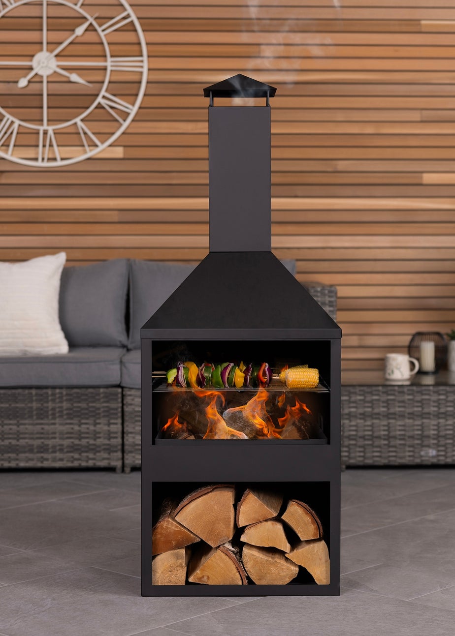 Charles Bentley Black Powder Coated Steel 118cm BBQ & Chimenea (H118cm x W44cm x D44cm)