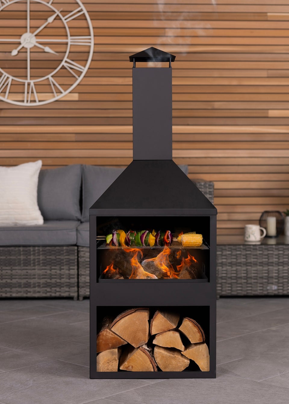 Charles Bentley Black Powder Coated Steel 118cm BBQ & Chimenea (H118cm x W44cm x D44cm)