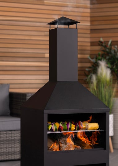 Charles Bentley Black Powder Coated Steel 118cm BBQ & Chimenea (H118cm x W44cm x D44cm)