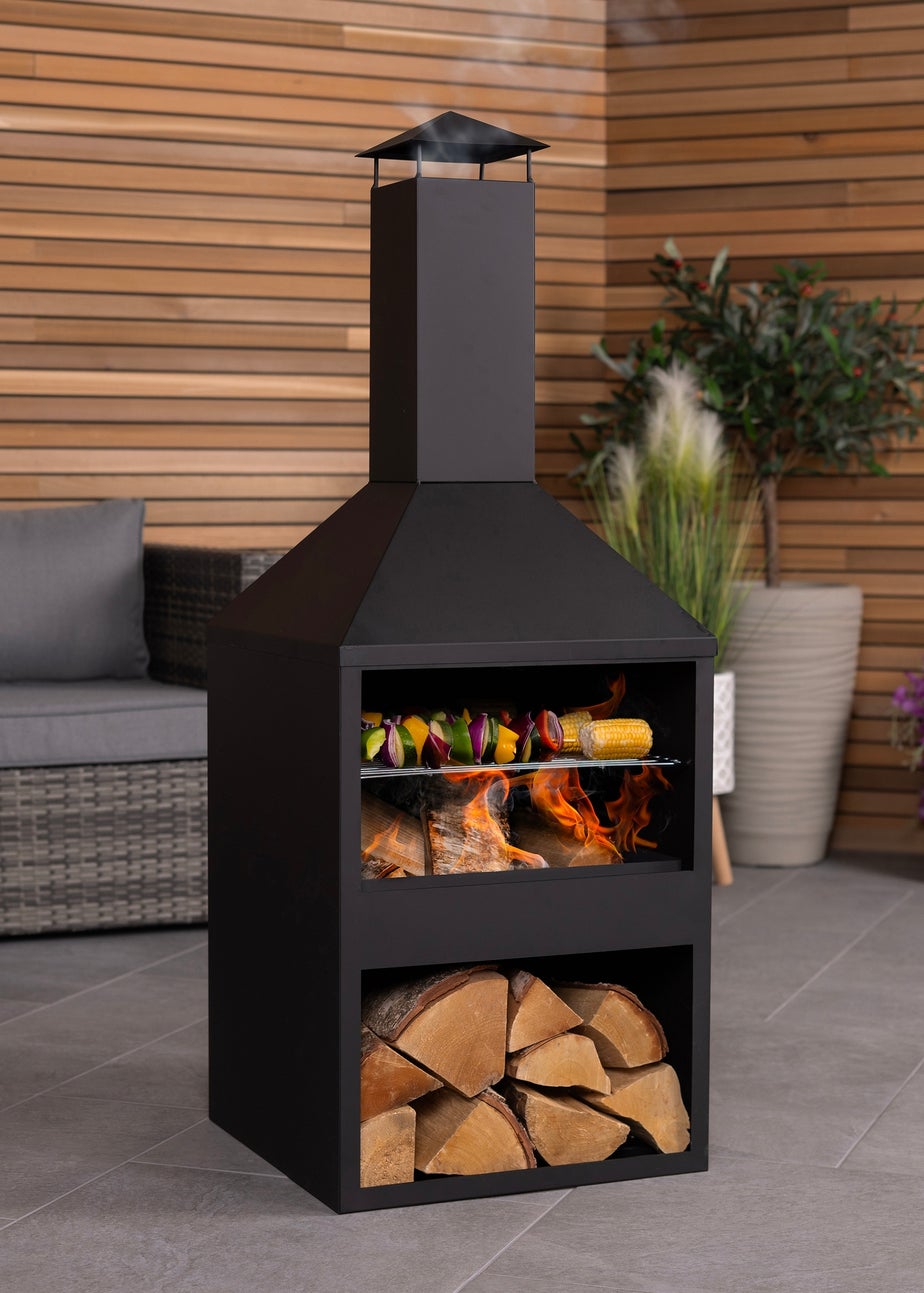 Charles Bentley Black Powder Coated Steel 118cm BBQ & Chimenea (H118cm x W44cm x D44cm)