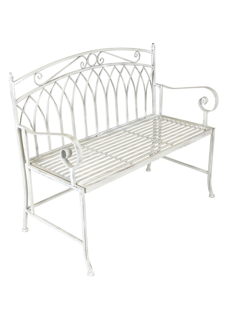 Charles Bentley Wrought Iron Feminine Bench Antique White (H89cm x L104.5cm x W54cm)